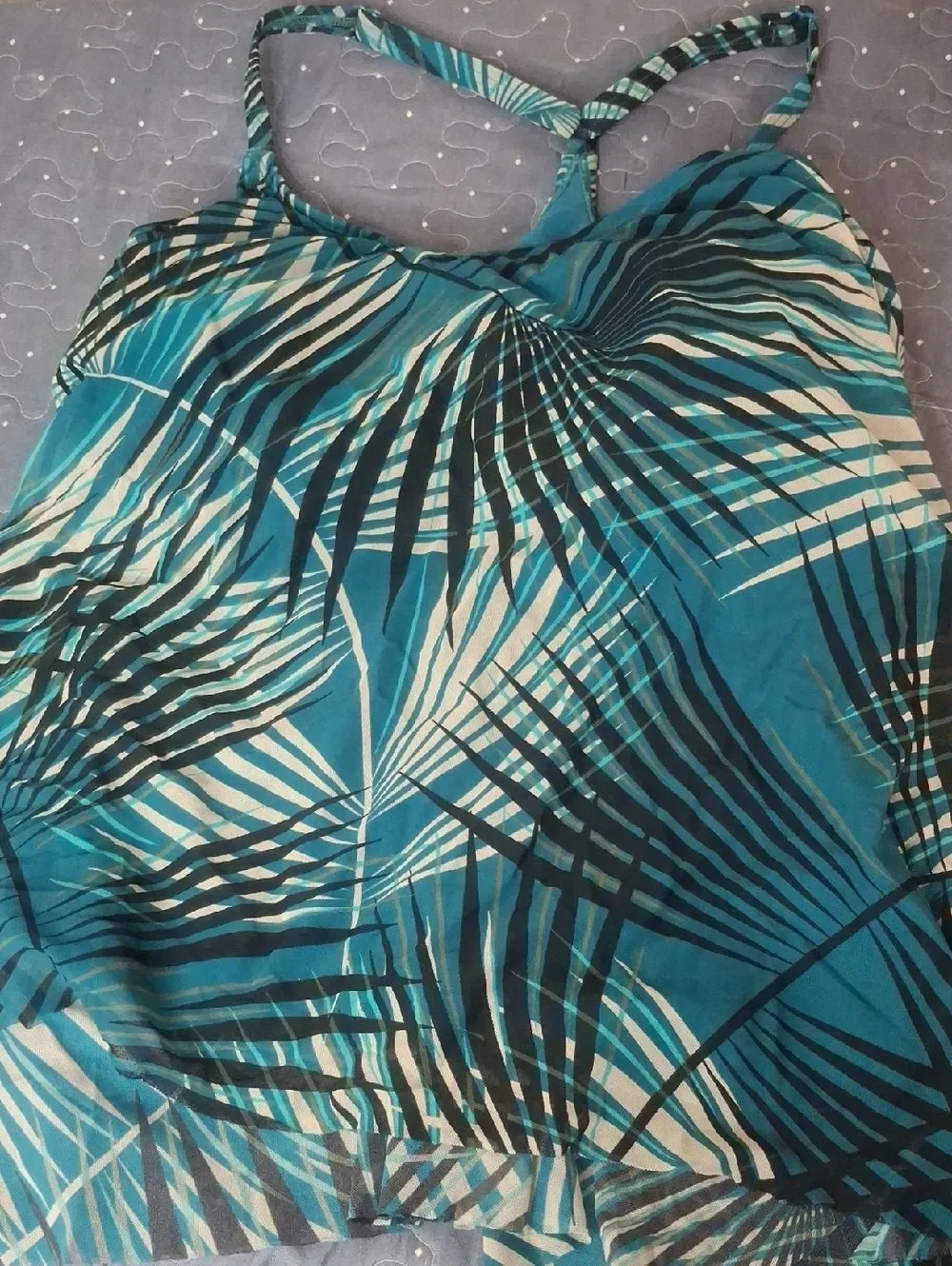 COCO Reef Tropical Teal Palm Print Tankini Top size 34DD